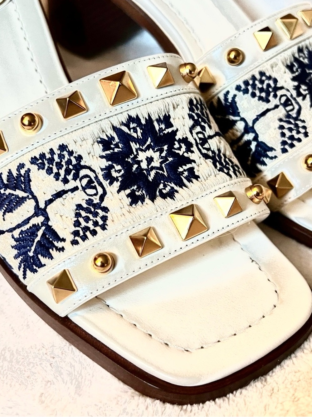 Valentino Garavani County Slide Sandals in 60MM Calfskin with Grape Embroidery
